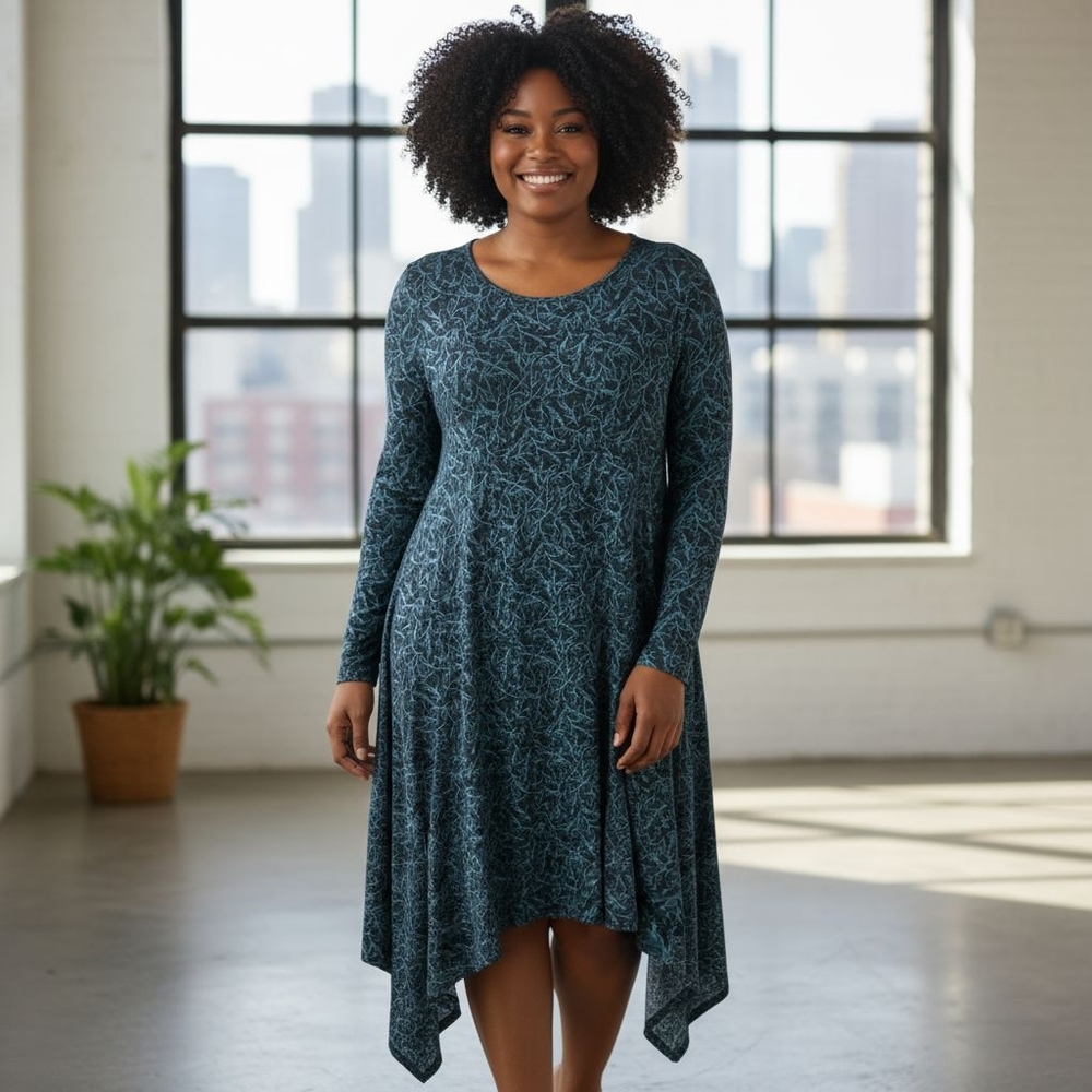 Chalet et Ceci Handkerchief Hem Dress Blue Teal Botanical Print 3X Plus Size